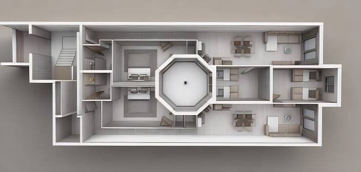 Grundriss einer 3-Zimmer-Wohnung: zentraler Flur, zwei Schlafzimmer, Wohnzimmer, Küche, sanitäre Einrichtungen.