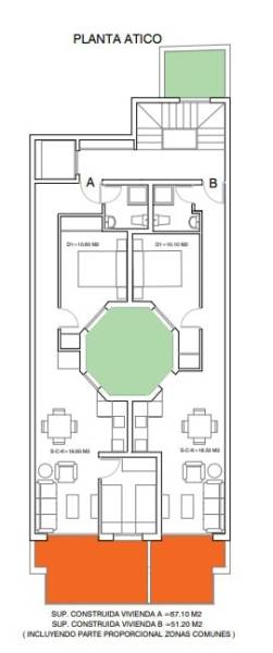 Grundriss einer 3-Zimmer-Dachgeschosswohnung mit zwei Bädern und Terrassen.