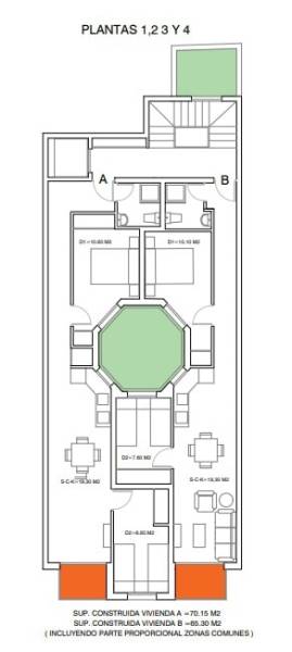 Grundriss einer 3-Zimmer-Wohnung mit den Zonen A und B, zwei Badezimmern und einer Terrasse.