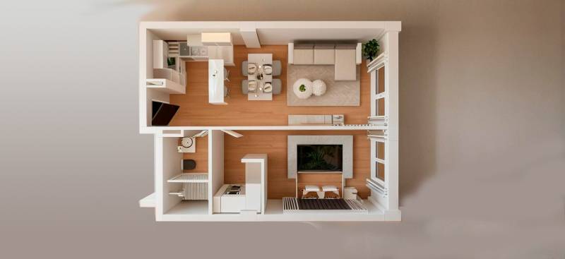 Grundriss einer 3-Zimmer-Wohnung mit Einrichtung, einschließlich Küche, Wohnzimmer und Schlafzimmer.