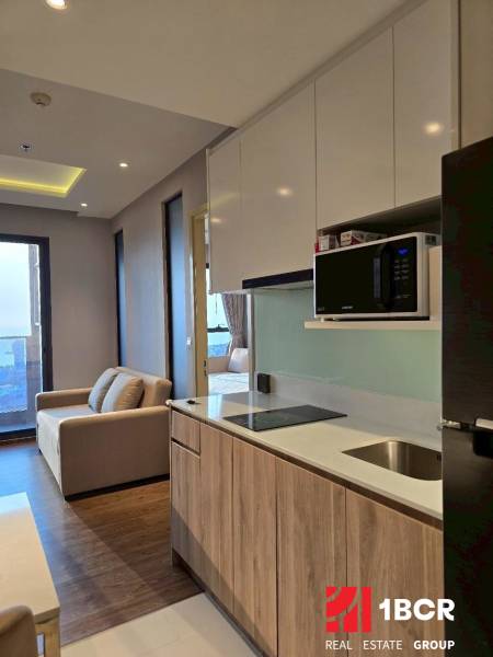 Küche in einer 3-Zimmer-Wohnung mit Sofa, Kochfeld und Mikrowelle.
