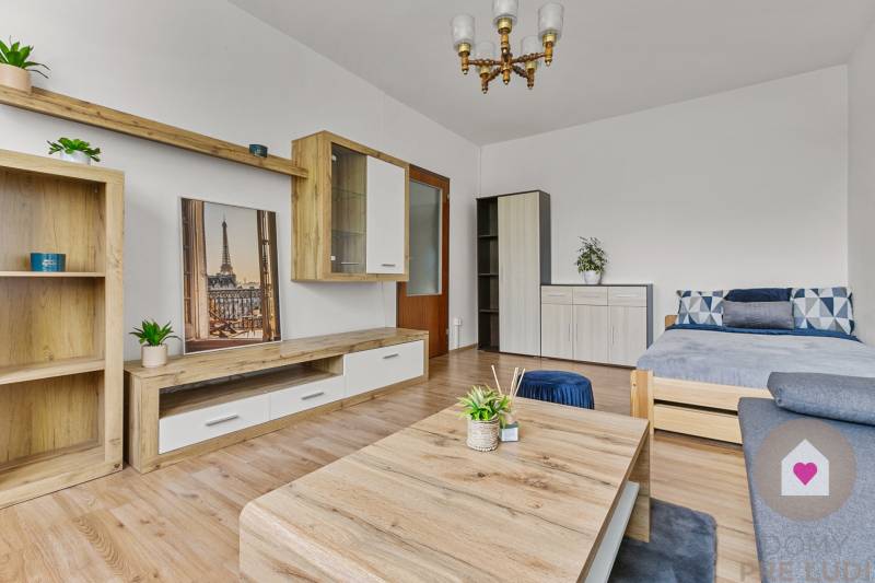 Obývací Zimmer in einer Einzimmerwohnung mit Holzmöbeln und Dekorationen.