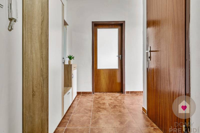 Flur mit braunen Türen und Fliesen in einer Einzimmerwohnung mit Kleiderhaken.