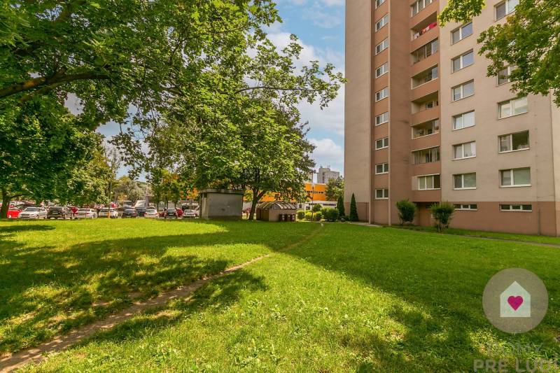 Grünfläche bei dem Wohnhaus in der Medveďova-Straße, Bratislava - Petržalka, neben dem Parkplatz.