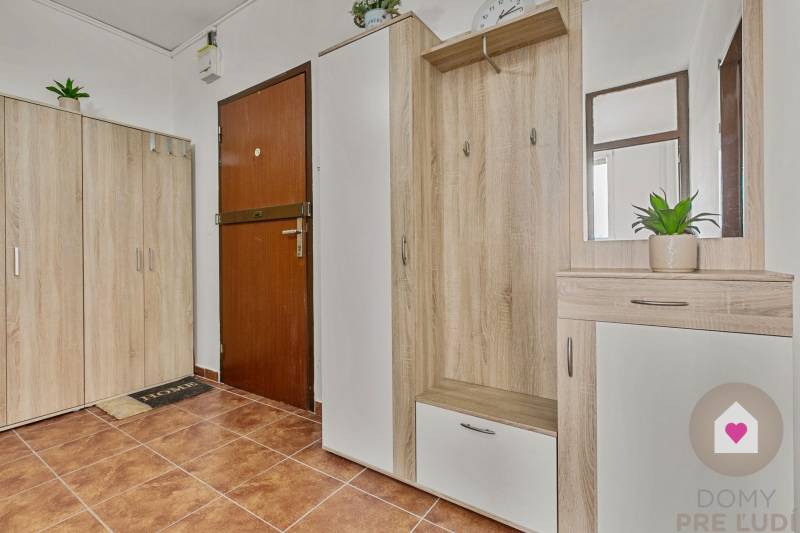 Eingangsbereich in einer Einzimmerwohnung mit Holzmöbeln und Fliesenboden.