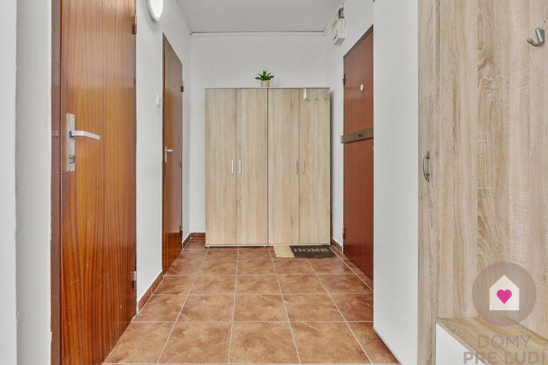 Eingangsflur in einer Einzimmerwohnung mit Holztüren und einem Kleiderschrank.