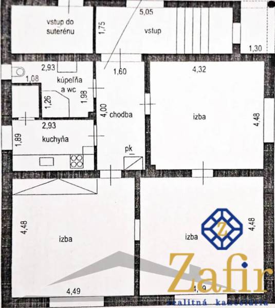 Grundriss einer 3-Zimmer-Wohnung mit Küche, Badezimmer und Zugang zum Keller.