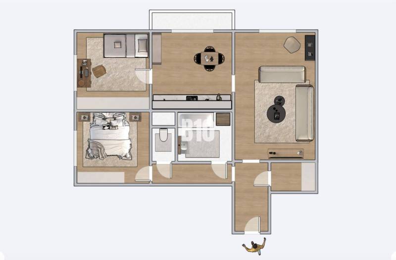 Grundriss einer 3-Zimmer-Wohnung: Wohnzimmer, Küche, zwei Schlafzimmer, Badezimmer, WC.