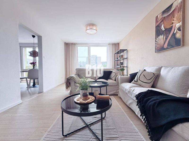 Helles Wohnzimmer mit Sofa, Tisch und Bild in einer 3-Zimmer-Wohnung.