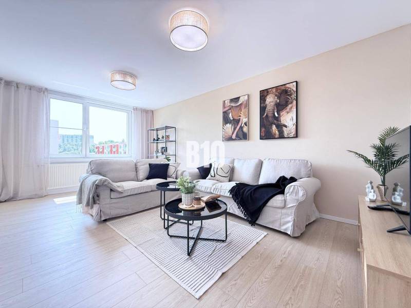 Helles Wohnzimmer in einer 3-Zimmer-Wohnung mit einem bequemen Sofa und Dekorationen.