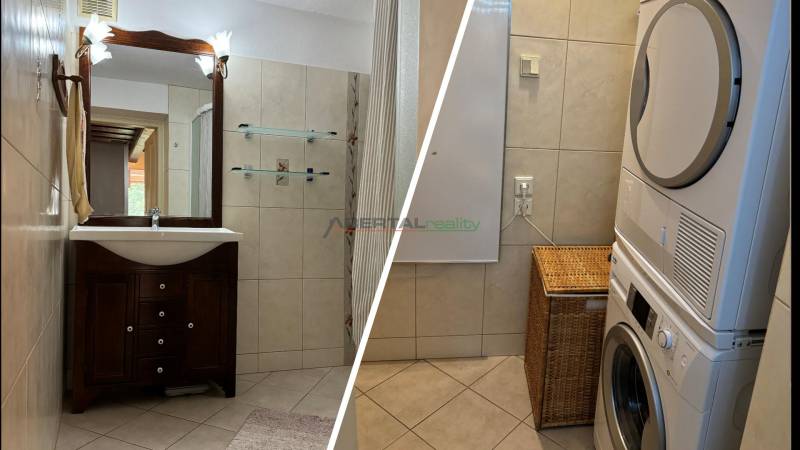 Badezimmer in einem Einfamilienhaus mit Waschbecken, Duschkabine und Waschmaschine mit Trockner.