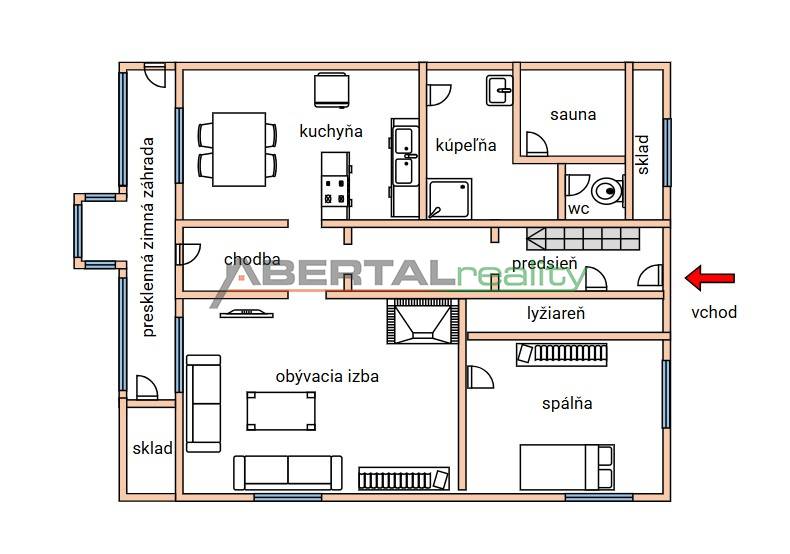 Grundriss eines Einfamilienhauses mit Sauna, Wintergarten und Skiraum.