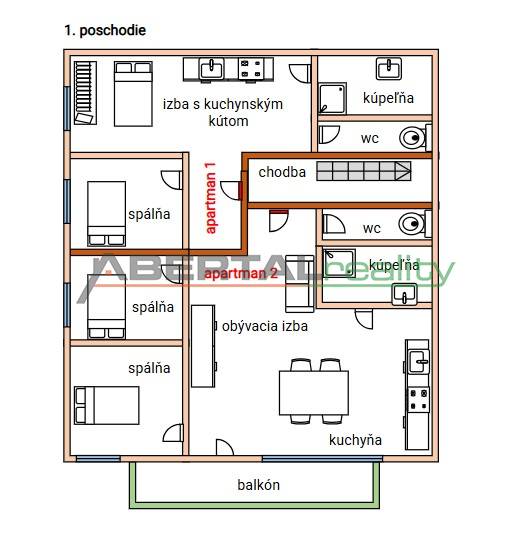 Grundriss des ersten Stockwerks eines Einfamilienhauses umfasst Zimmer, Flur, Badezimmer und Balkon.