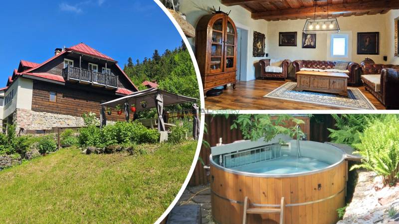 Ein Einfamilienhaus in Donovaly mit rustikalem Interieur, einer Außensauna und einem geräumigen Garten.