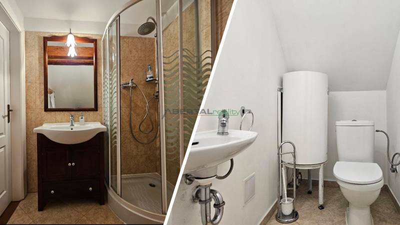 Badezimmer in einem Einfamilienhaus mit Waschbecken, Dusche und Toilette.
