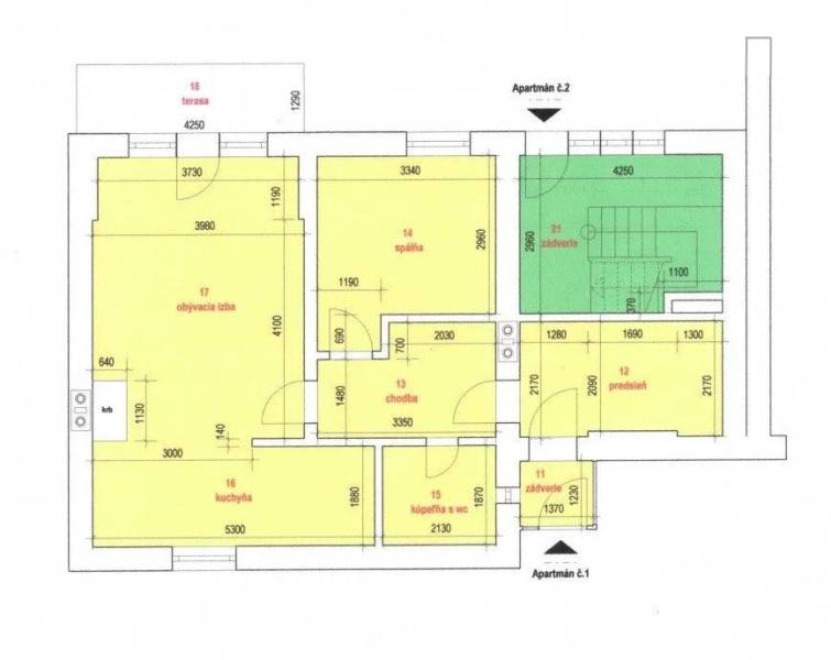 Grundriss einer Ferienwohnung mit Terrasse, Küche, Schlafzimmer und Wohnzimmer in Starý Smokovec.