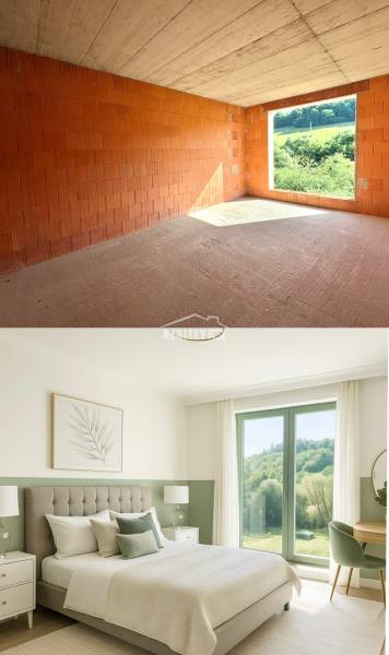 Unvollendetes Zimmer in einem Einfamilienhaus in Trnové, Žilina, und daneben ein modernes Schlafzimmer mit Landschaft.