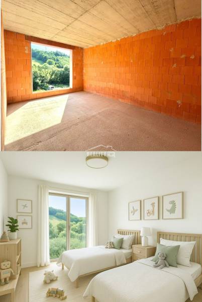 Vor und nach der Renovierung des Kinderzimmers im Einfamilienhaus mit Blick ins Grüne.