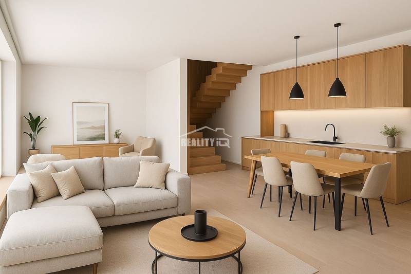 Wohnzimmer mit Küche und Holzmöbeln in einem Einfamilienhaus.