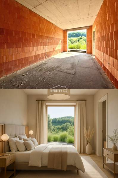 Bauprojekt eines Einfamilienhauses in Trnové Žilina und ein eingerichtetes Schlafzimmer mit Fenster zum Garten.