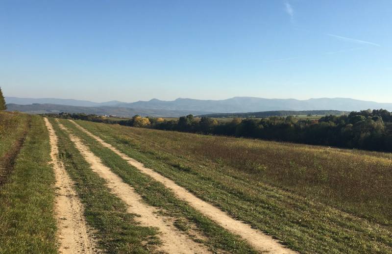 Landwirtschafts- und Forstflächen, Feldweg mit Blick auf die Hügel in der Umgebung von Prievidza.