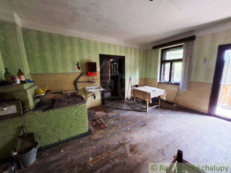 Küche in einem Einfamilienhaus mit einfacher Einrichtung, Holzboden und grünen Wänden.