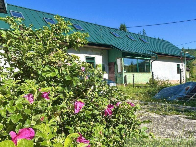Ein Einfamilienhaus in Spišská Nová Ves mit Grünflächen und rosa Blumen im Garten.