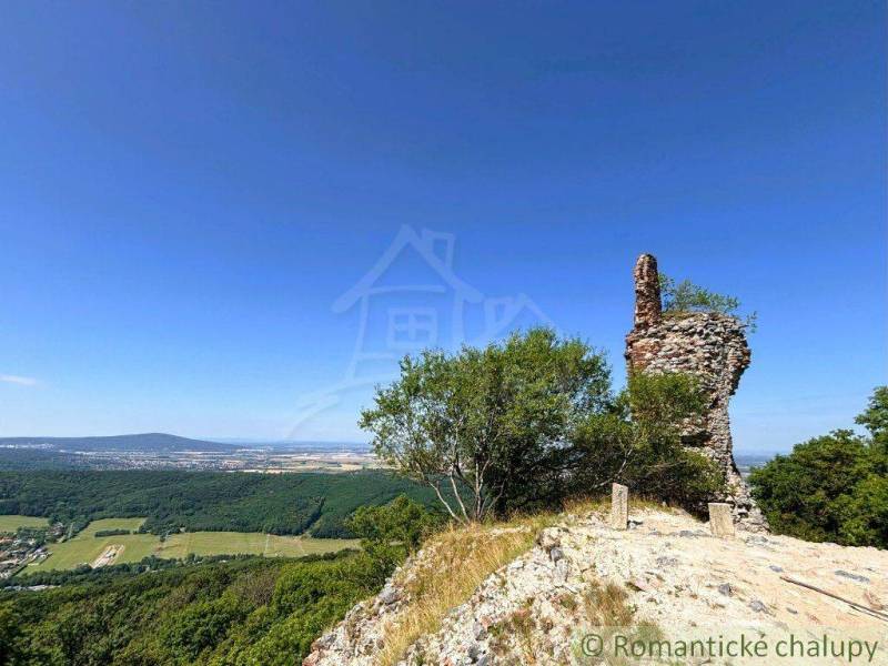 Eine Ruine auf einem Hügel mit Blick auf die Landschaft und die Wälder in der Umgebung von Malacky.