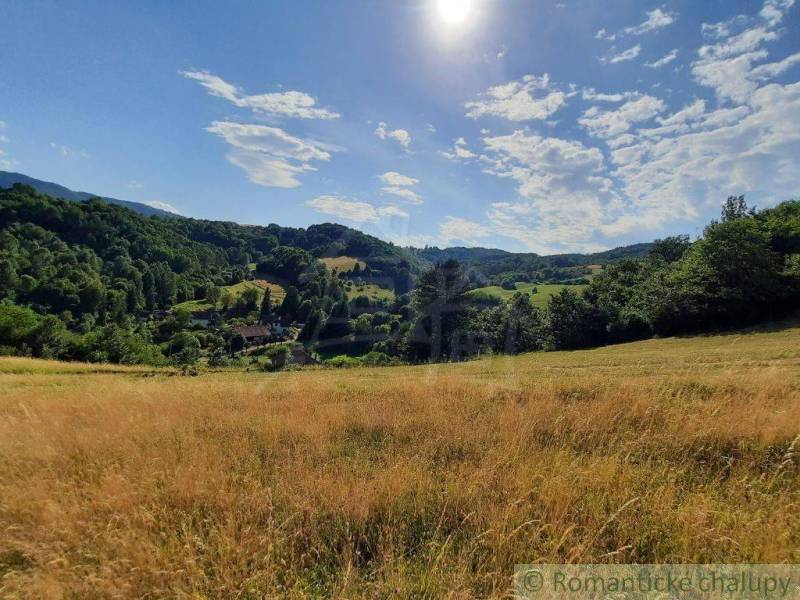 Die Landschaft in der Umgebung von Žarnovica, gesäumt von Wiesen und Wäldern, unter blauem Himmel.