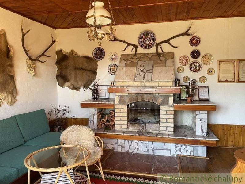 Das Innere der Hütte mit Jagddekor, Kamin und Fell spiegelt den besonderen Charme der Immobilie wider.