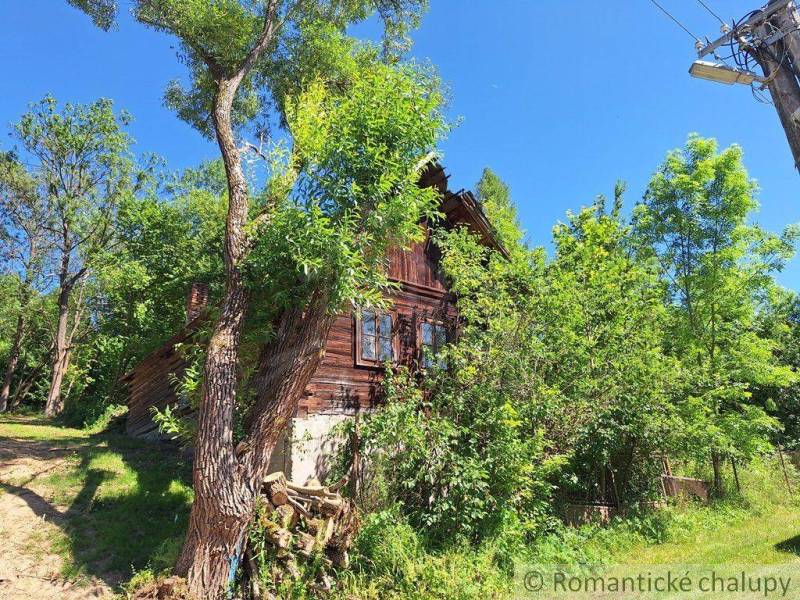 Eine Hütte in Liptovský Mikuláš, umgeben von üppigem Grün und Bäumen, blauer Himmel.