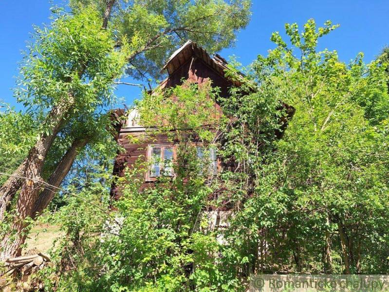 Eine Holzhütte in Liptovský Mikuláš, umgeben von üppigem Grün und Bäumen.