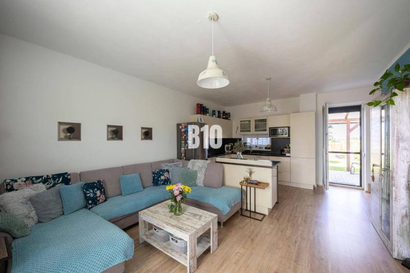 Innenraum eines Einfamilienhauses mit Küche, Sofa und Dekorationen in gemütlicher Anordnung.