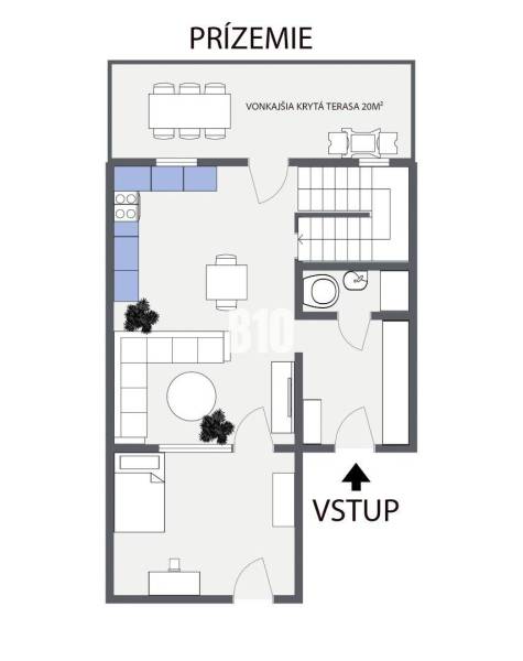 Grundriss des Erdgeschosses eines Einfamilienhauses mit Eingang, Terrasse und Wohnräumen in Stupava.