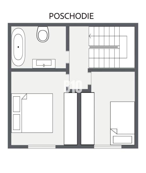 Obergeschoss eines Einfamilienhauses mit zwei Schlafzimmern und einem Badezimmer.
