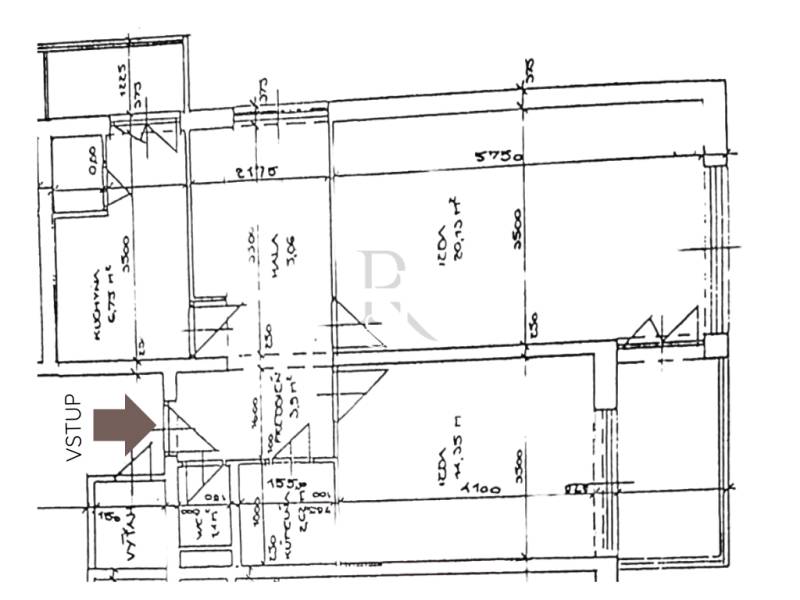 Grundriss einer 2-Zimmer-Wohnung mit Küche, Zimmer und Eingangsbereich.
