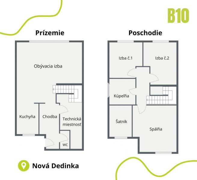 Grundriss eines Einfamilienhauses mit Erdgeschoss und Obergeschoss, Räume aufgeteilt in Zimmer und Küche.