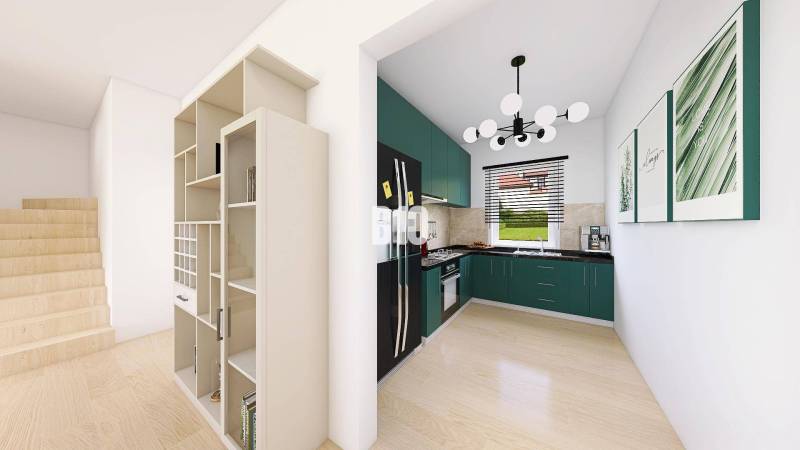 Eine Küche in einem Einfamilienhaus mit modernen Möbeln, einer Treppe und einem Bücherregal.