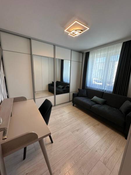 Ein Zimmer in einem Einfamilienhaus mit einem Sofa, einem Spiegelschrank und einem Schreibtisch.