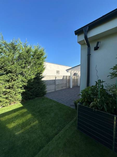 Rasen und gepflasterter Gehweg bei einem Einfamilienhaus in Gabčíkovo mit Sträuchern und klarem Himmel.
