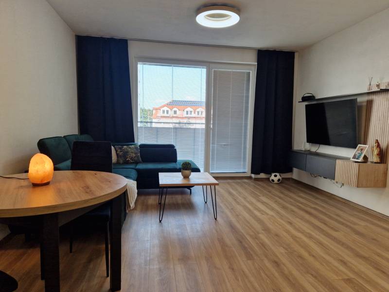 Wohnzimmer mit einem bequemen Sofa, einem Holztisch und einem Fernseher in einer 2-Zimmer-Wohnung.
