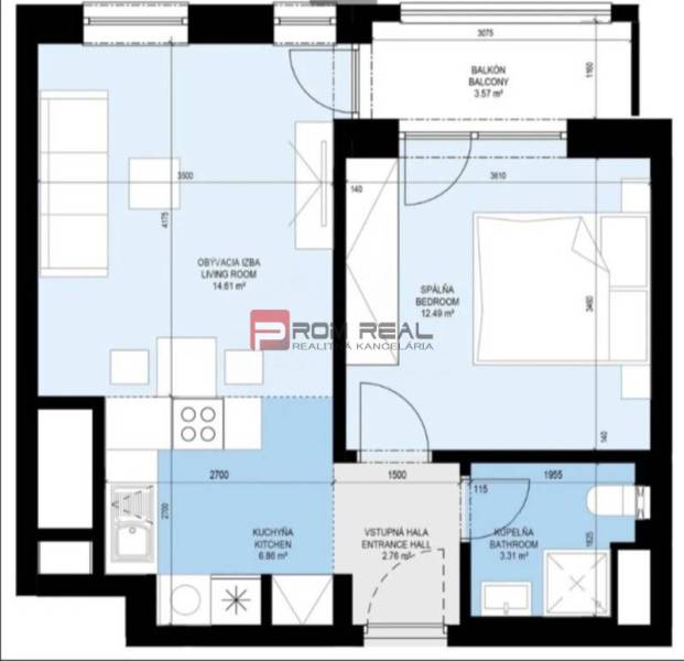 Grundriss einer 2-Zimmer-Wohnung mit Wohnzimmer, Küche, Schlafzimmer und Balkon.