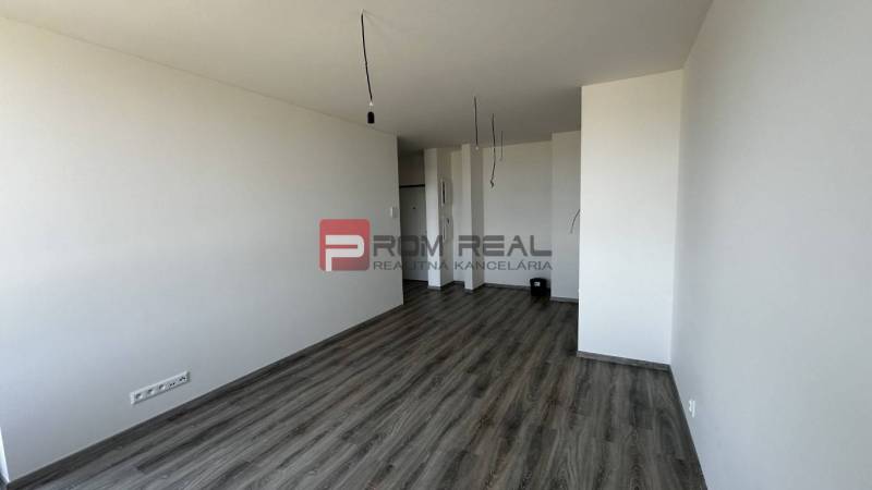Ein leeres Wohnzimmer in einer Zweizimmerwohnung mit Laminatboden und nackten Wänden.