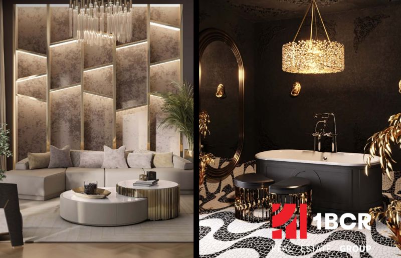 Luxuriöses Interieur im Rahmen des Wohnungsbaus mit eleganter Beleuchtung und stilvoller Badewanne.