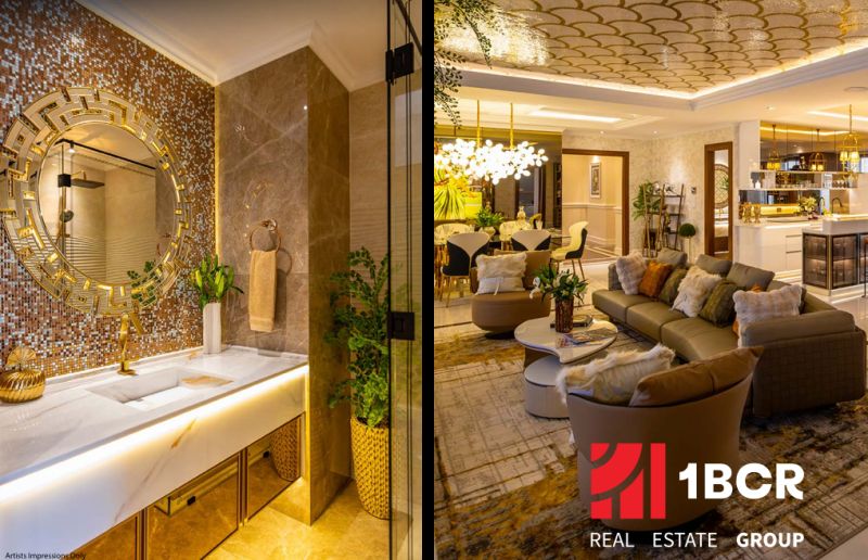 Luxuriöses Badezimmer und Wohnzimmer im Bau von Wohnungen mit elegantem Design und Accessoires.