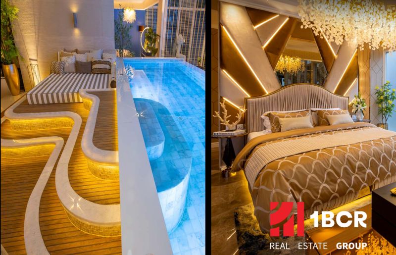 Luxuriöses Schlafzimmer und Terrasse mit Pool im Bau von Wohnungen.