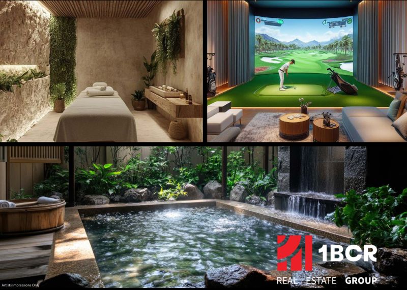 Wellnessraum, Golfsimulator und Jacuzzi im Rahmen des Wohnungsbaus.