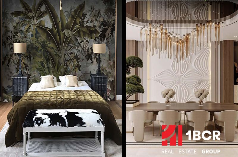 Luxuriöses Interieur mit Design-Dekoration im Rahmen des Wohnungsbaus, das natürliche Motive kombiniert.
