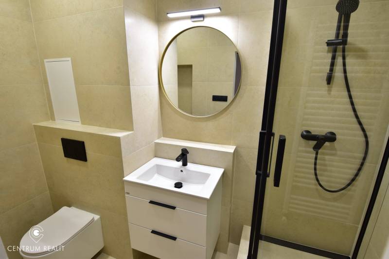Badezimmer in einer 2-Zimmer-Wohnung mit Waschbecken, Spiegel und Duschkabine.