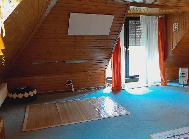 Ein Dachgeschosszimmer eines Einfamilienhauses mit Holzverkleidung und Dachfenster.